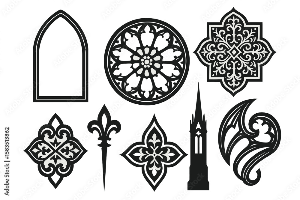 Poster decorative gothic architectural elements in black and white design featuring various intricate shape