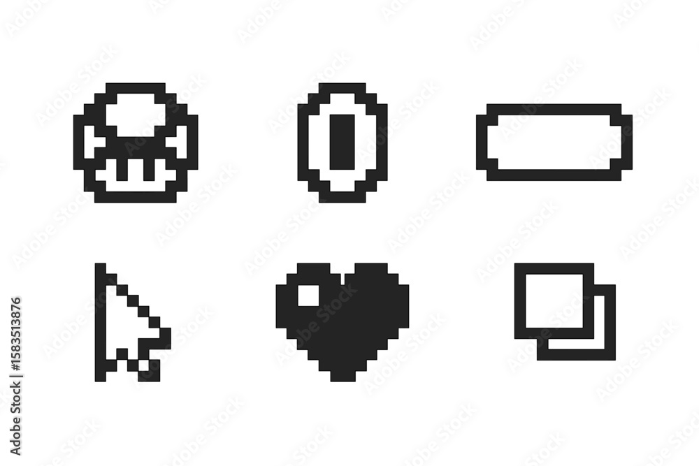 Poster pixelated icons depicting classic video game elements in black and white on a simple background