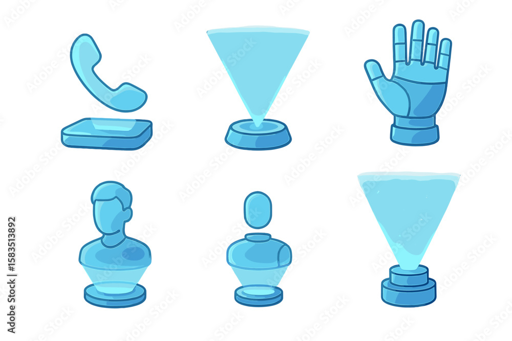 Poster digital holographic icons displaying communication tools and futuristic avatars in a modern style wi