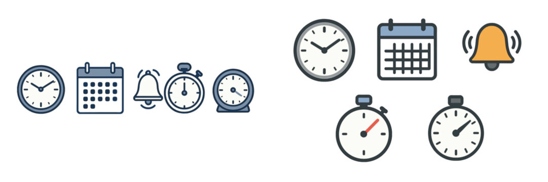 Various clock and timer illustrations representing time management tools for organization and scheduling activities
