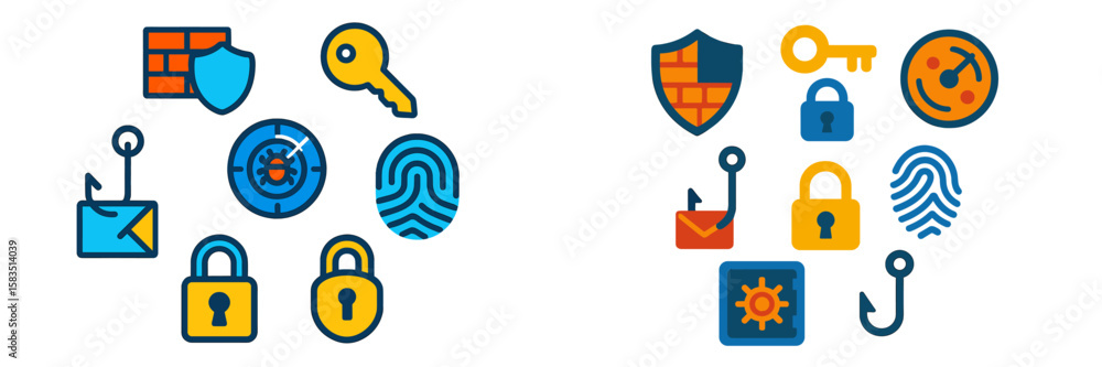 Poster colorful digital security icons arranged in an engaging pattern showcasing various security concepts