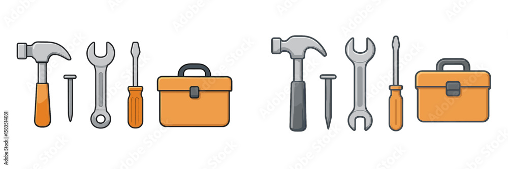 Aufkleber various hand tools and toolboxes arranged in two groups on a white background