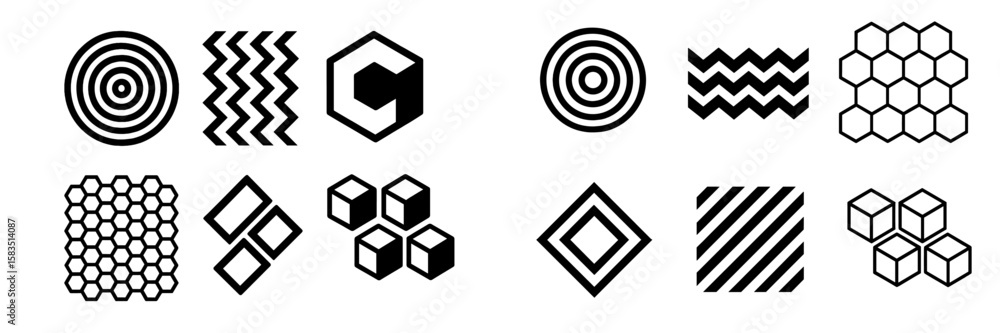 Poster geometric shapes and patterns displayed in a grid format showcasing diversity in design and structur