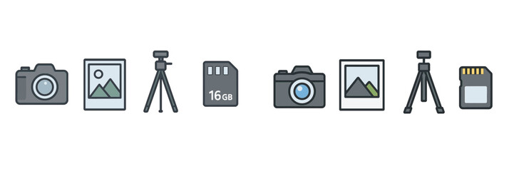 Collection of photography equipment including cameras and tripods displayed on a clean background