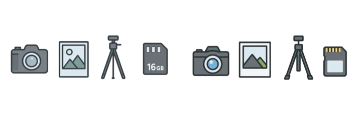 Gordijnen Collection of photography equipment including cameras and tripods displayed on a clean background © Zaleman
