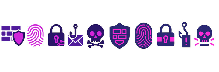 Collection of cybersecurity icons illustrating protection, security, and threat awareness concepts in a modern digital landscape