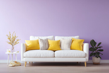 Stylish modern home interior with white sofa and yellow cushions in bright natural lighting