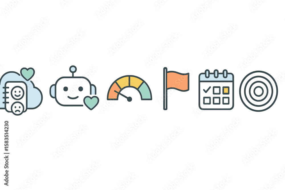 Poster symbols representing teamwork, technology, and project management in a colorful design for a modern 