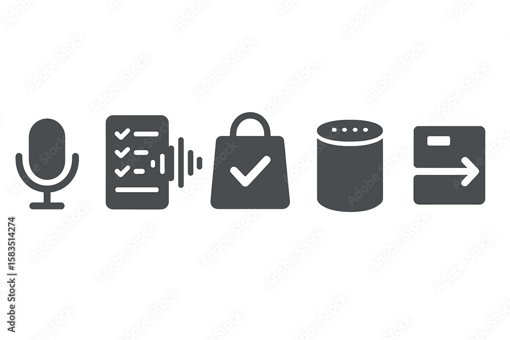 Poster icons representing voice commands, task management, shopping, smart home devices, and navigation in 