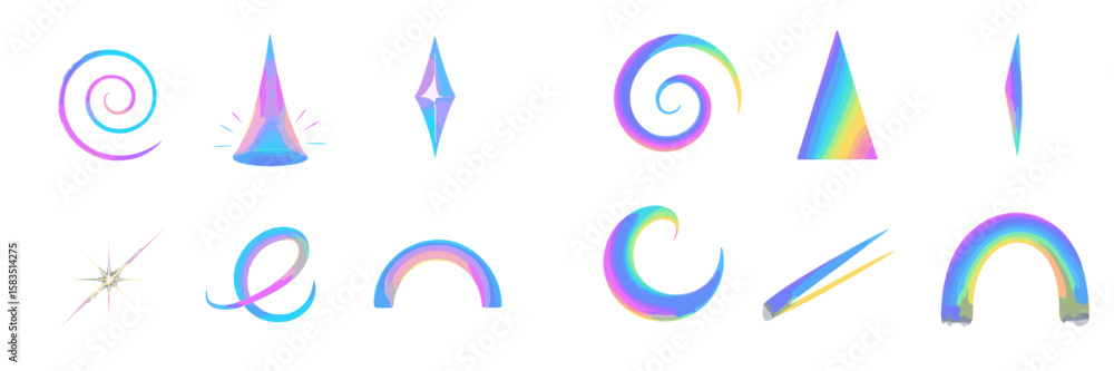 Poster various colorful geometric shapes with a rainbow gradient displayed in a simple layout on a white ba