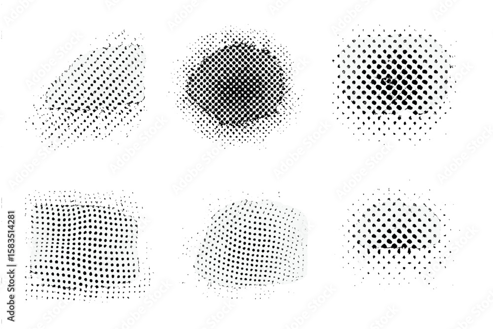 Poster abstract black and white halftone pattern design with varying shapes and textures on a white backgro