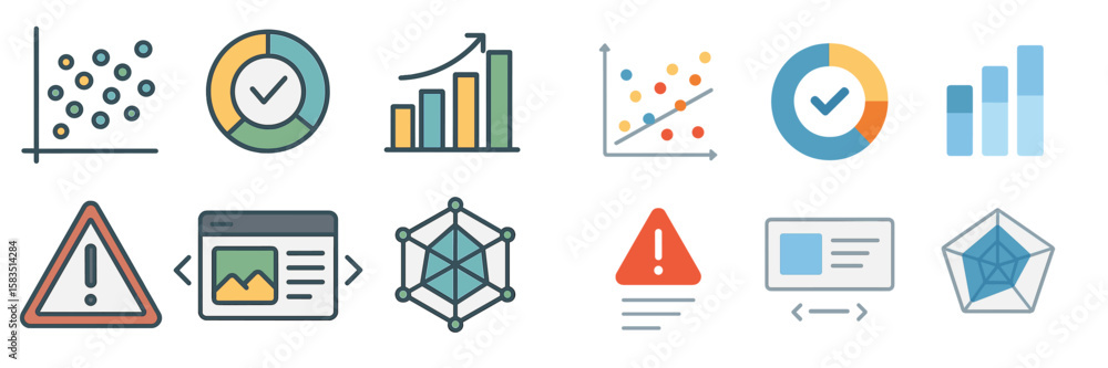Poster visual representation of data analysis and statistics concepts with various charts and graphs in a m