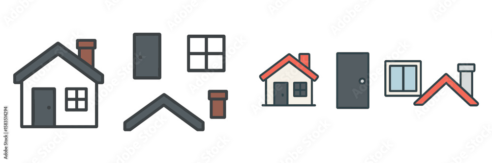 Poster collection of simple house and building outline illustrations in various configurations and styles