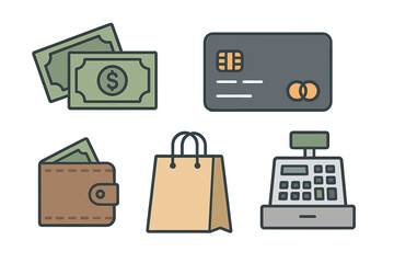 Money, card, wallet, and shopping bag at checkout symbolize modern consumer spending habits and retail experiences