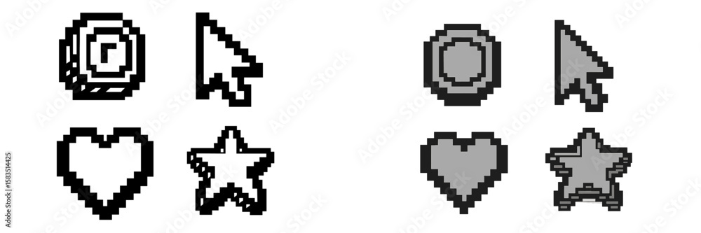 Poster pixel art icons depicting interactions and symbols in a digital interface at a creative workspace