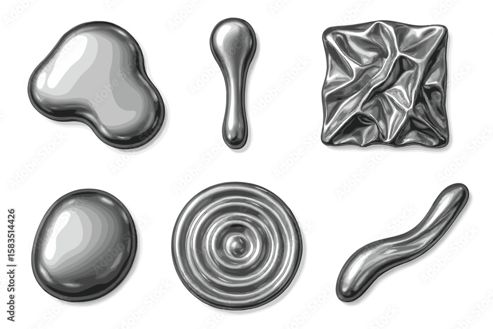 Poster various metallic shapes displayed on a white background for design and artistic use, showcasing text