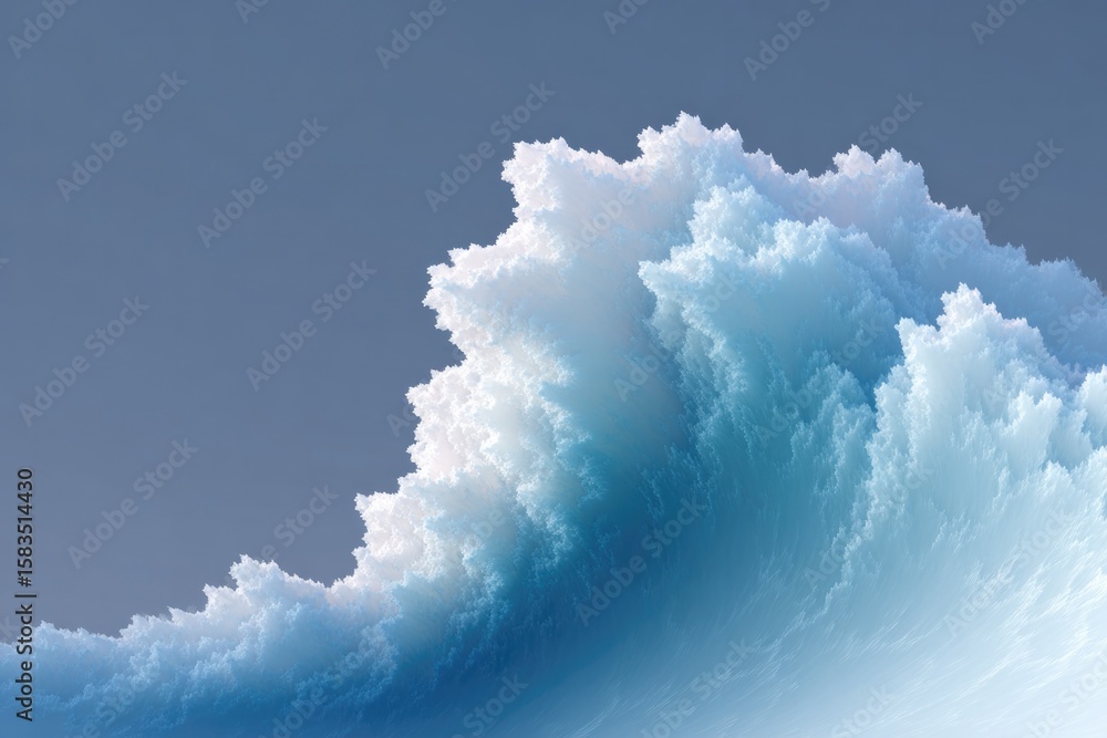 Poster fractal wave pattern emerging from one corner on neutral solid background in soft grey-blue tones