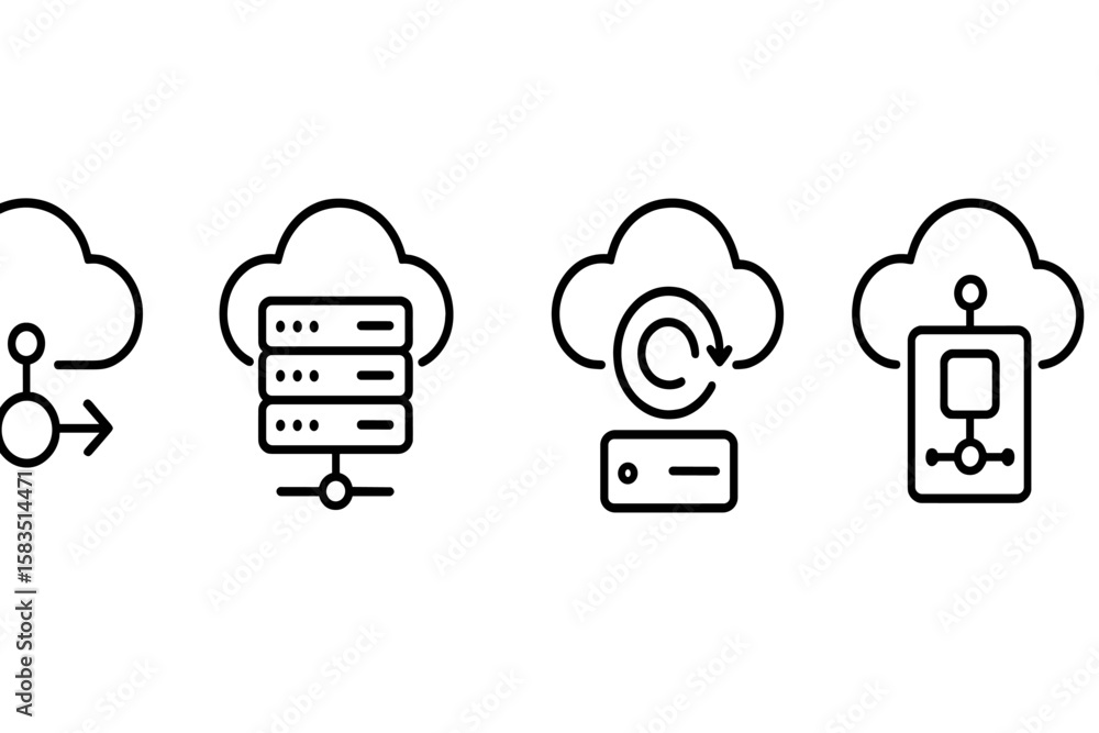 Poster visual representations of cloud computing concepts illustrating data flow, server storage, backup pr