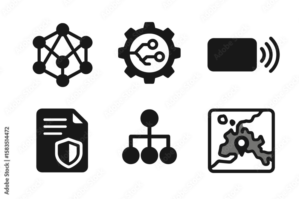 Aufkleber network symbols representing connectivity, technology, and data flow on a simple white background