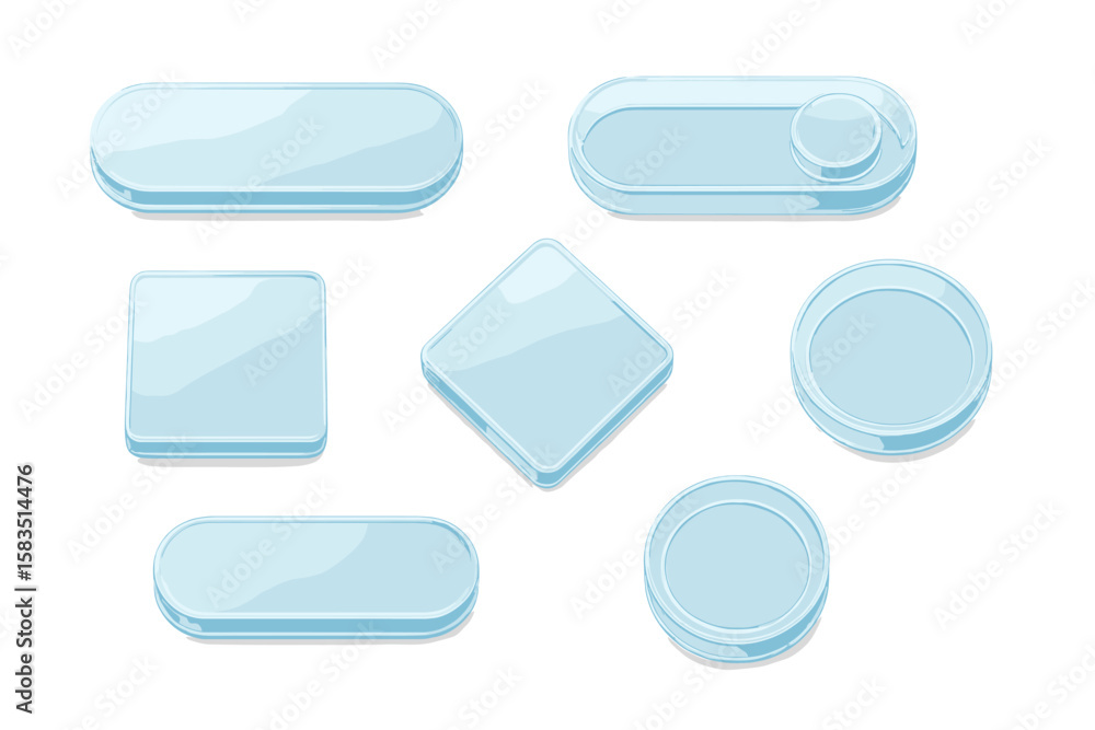Poster clear, translucent buttons and shapes for user interface design, showcasing various geometrical form