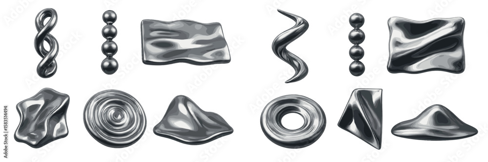 Poster metallic shapes display variety in design and texture for artistic purposes in an abstract arrangeme