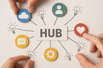 This concept illustrates collaboration and connection within a network emphasizing innovation and communication as a central hub for team interaction and idea exchange