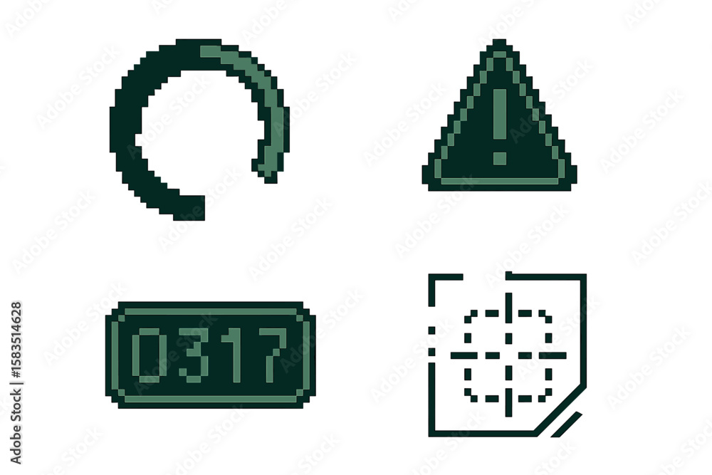 Poster pixel art depicting various symbols and icons with minimalist design and dark color palette