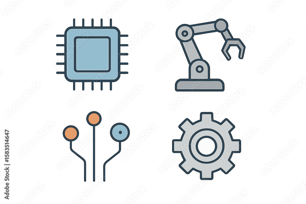 Poster exploration of technology through illustrations of a microprocessor, robotic arm, circuit connection