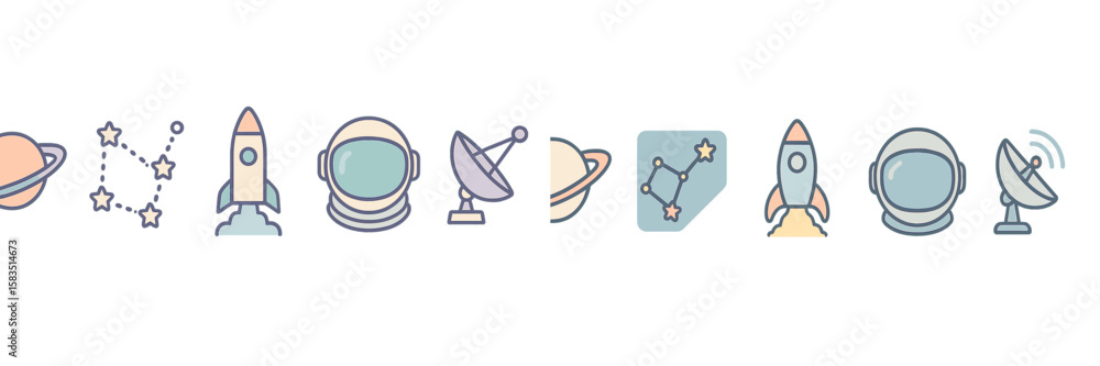 Poster space exploration motifs featuring rockets, astronauts, and celestial objects in a colorful line art