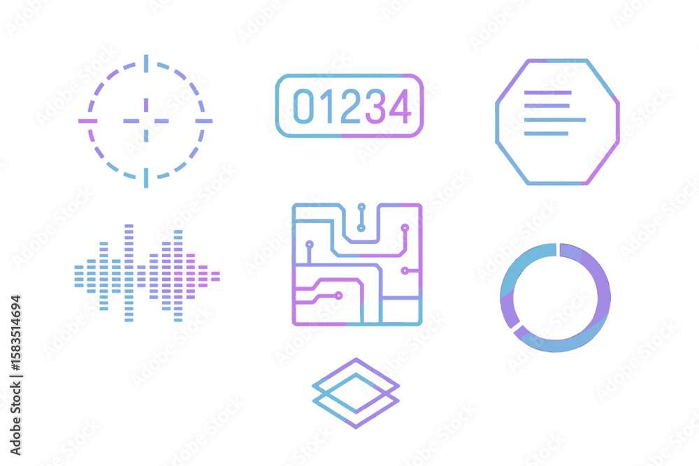 Poster colorful geometric patterns and icons representing technology and data visualization in a creative d