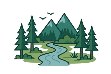 Fototapeta premium Scenic river flowing through a lush forest with mountains in the background during a bright sunny day