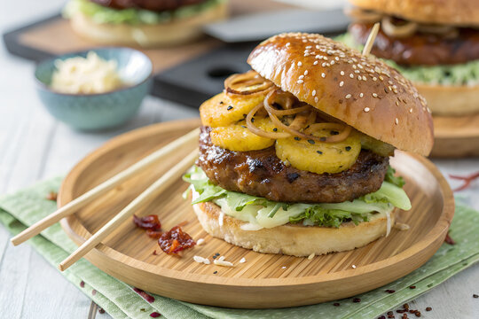 Fresh grilled beef burgers with cheese, lettuce, and tomato, alongside a fresh sandwich, fries, and salad create background with copy-space.