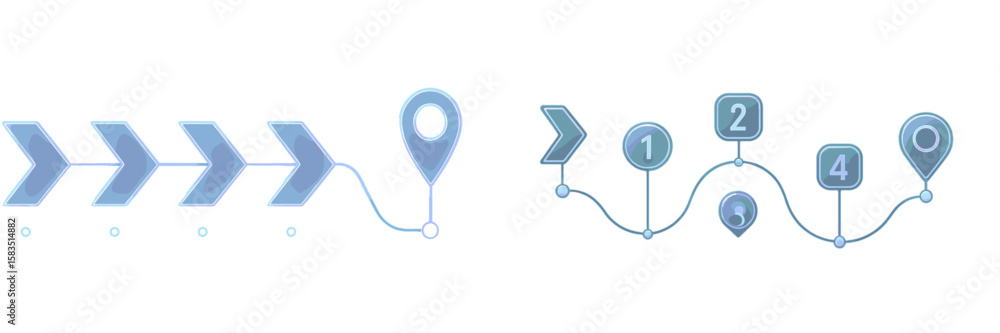 Poster navigation icons illustrating direction, location markers, and step-by-step pathways in a digital fo