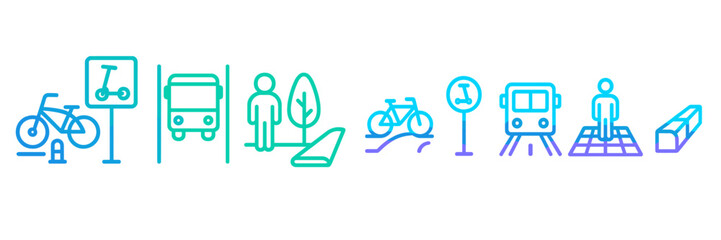 Public transportation and eco-friendly transport symbols in a modern urban environment during daylight hours