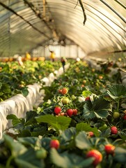 Miniature strawberry harvesters in a greenhouse