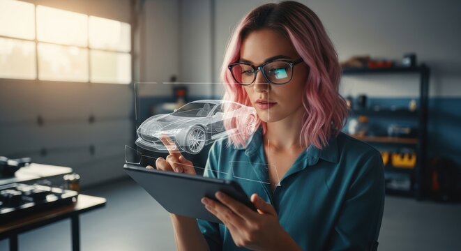 A young woman with pink hair using a digital tablet in a workshop.