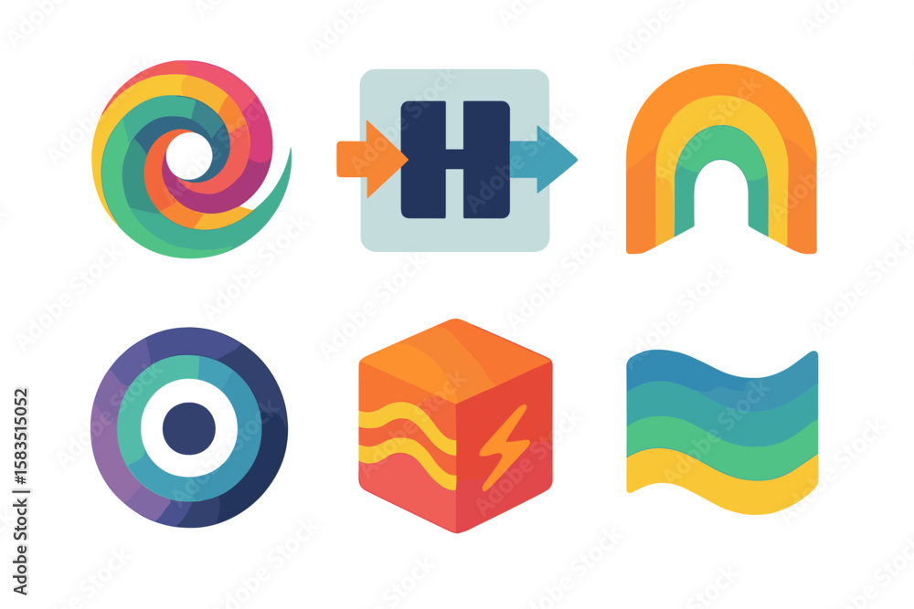 Poster colorful abstract designs showcasing various shapes and patterns on a white background
