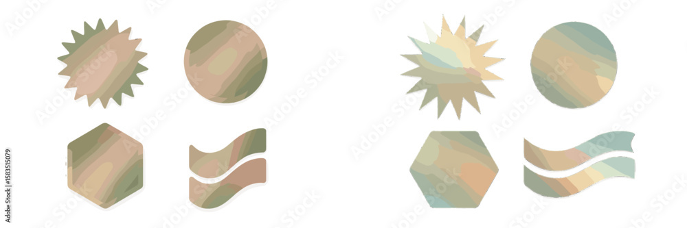 Poster design elements featuring abstract shapes and symbols with a soft color gradient
