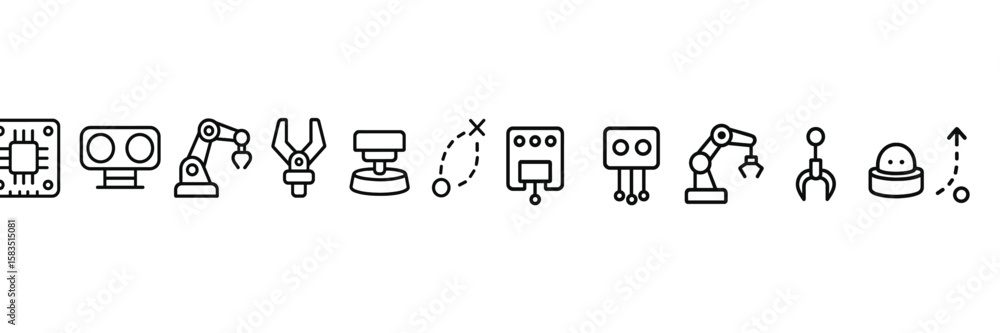 Poster collection of robotic icons depicting various automation technologies and functions in an industrial