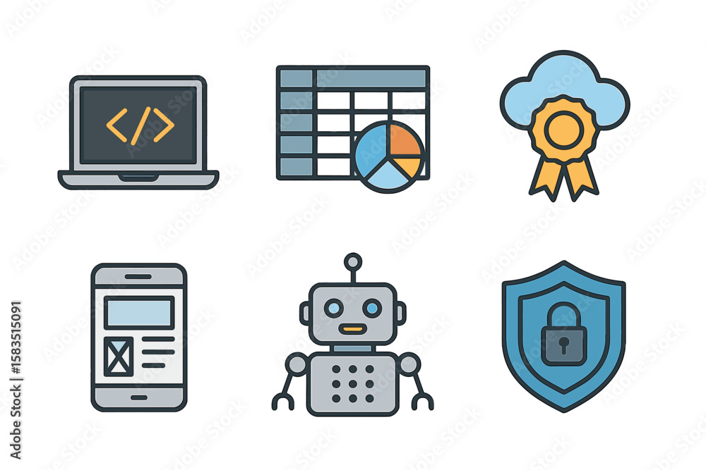 Poster illustration of technology concepts including coding, data analysis, cloud certification, mobile dev