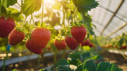 Miniature strawberry harvesters in a greenhouse