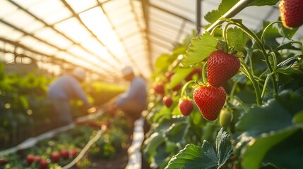 Miniature strawberry harvesters in a greenhouse