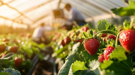 Strawberry plants in greenhouse.