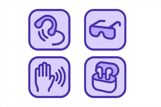 Symbols representing audio and visual technology tools displayed on a light purple background highlighting innovation and accessibility features