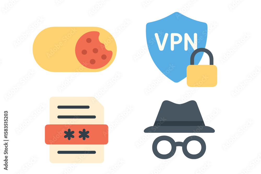 Poster digital security icons represent online privacy and data protection in a modern context