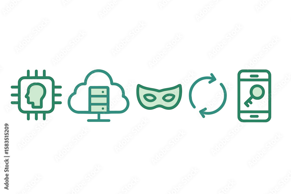 Poster modern technology concepts depicting artificial intelligence, cloud computing, digital security, and