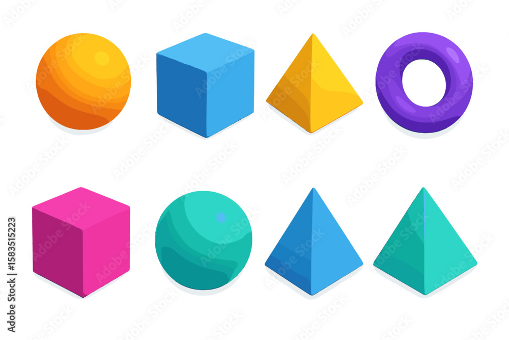 Poster colorful geometric shapes arranged in a grid showcasing various forms and colors in a playful design