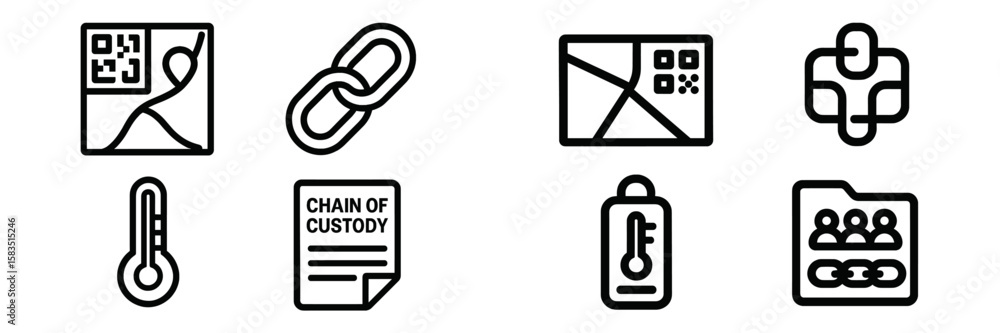 Poster collection of icons representing technology, data management, and security related to information tr