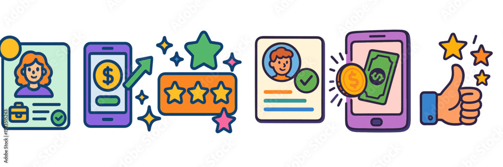 Poster digital interactions showcase user engagement with financial transactions and reviews through mobile