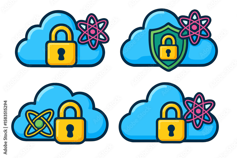 Poster cloud computing security icons featuring padlocks and atomic symbols in a modern design on a light b